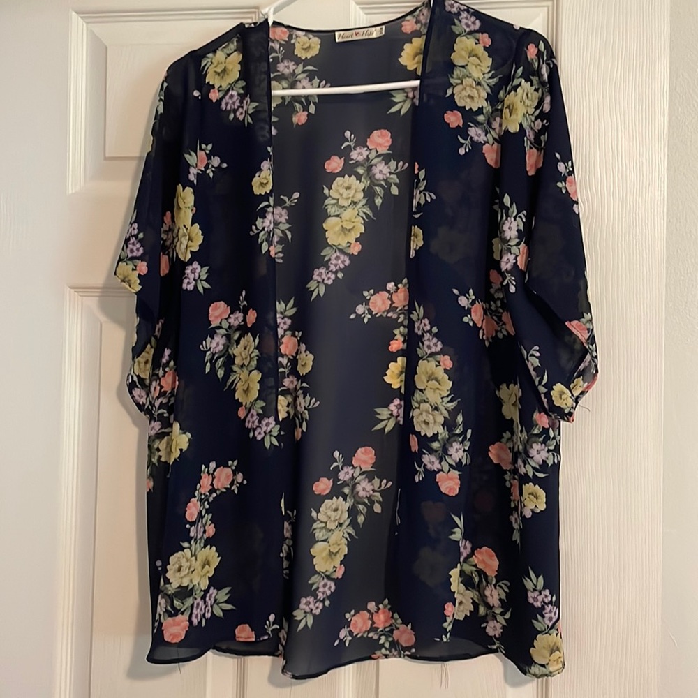 Lightweight Navy Blue Floral Sheer Flowing Cardigan, Size M